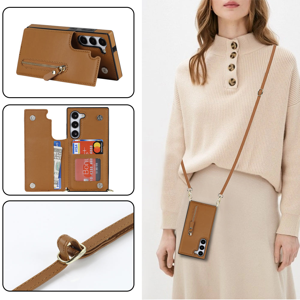 For Samsung Galaxy S24+ Zipper Wallet Case Crossbody Phone Cover Magnetic Button - Brown