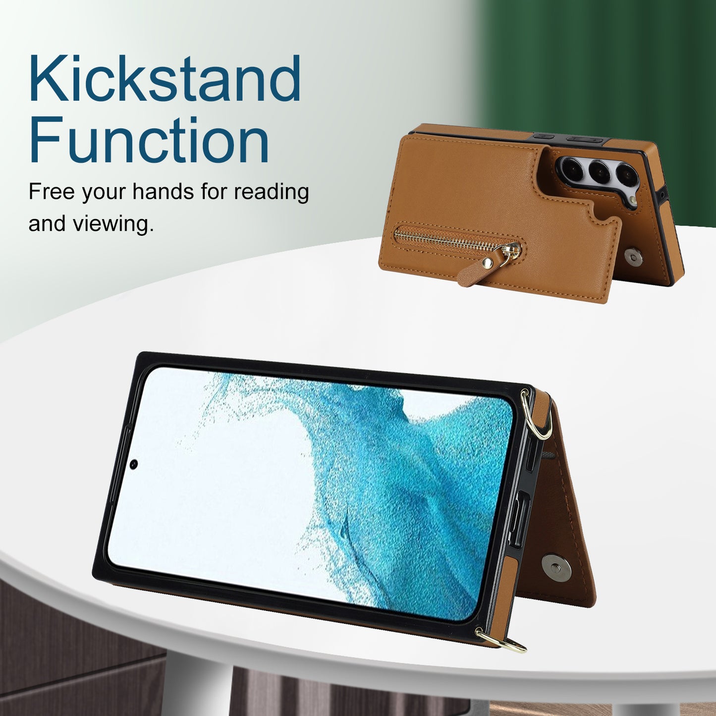 For Samsung Galaxy S24+ Zipper Wallet Case Crossbody Phone Cover Magnetic Button - Brown