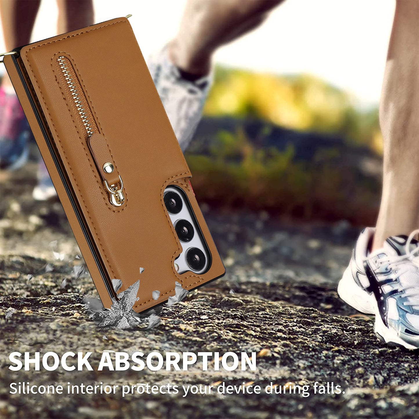 For Samsung Galaxy S24+ Zipper Wallet Case Crossbody Phone Cover Magnetic Button - Brown