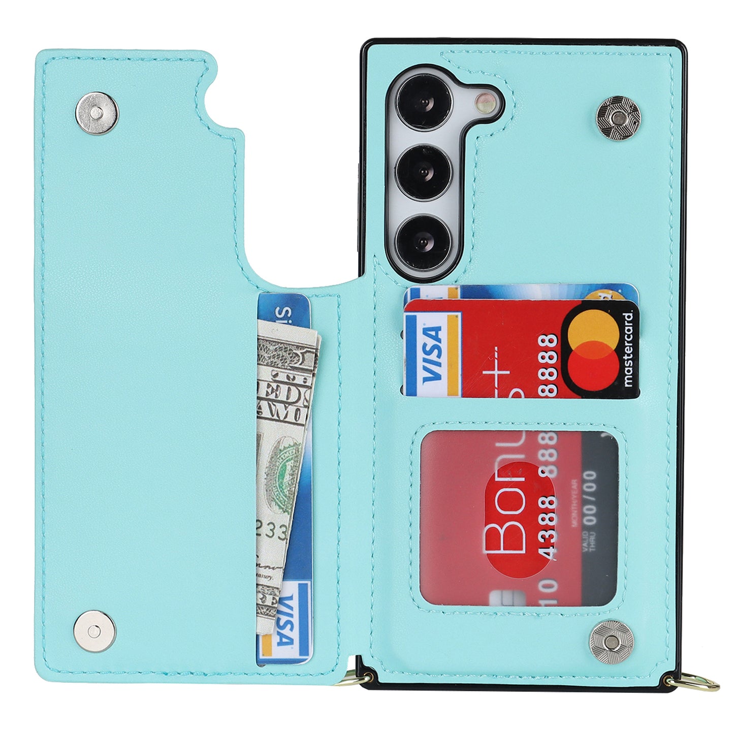 For Samsung Galaxy S24 Case Zipper Pocket RFID Blocking Cover with Shoulder Strap - Blue
