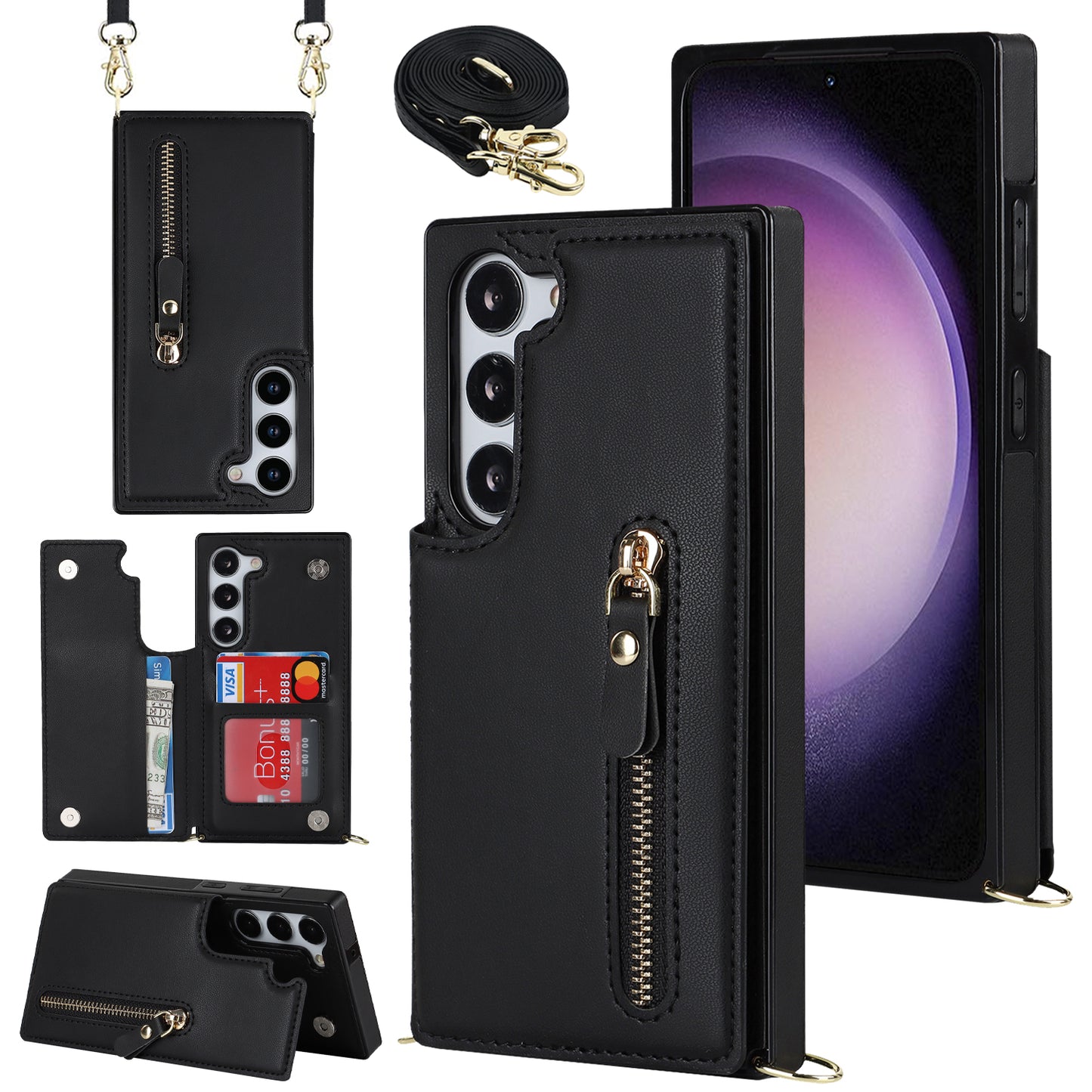 For Samsung Galaxy S24 Case Zipper Pocket RFID Blocking Cover with Shoulder Strap - Black