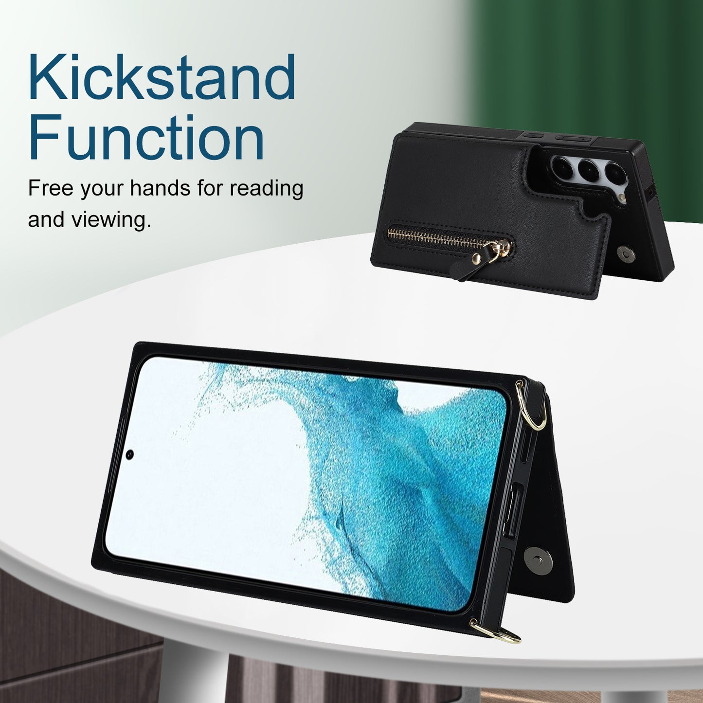 For Samsung Galaxy S24 Case Zipper Pocket RFID Blocking Cover with Shoulder Strap - Black
