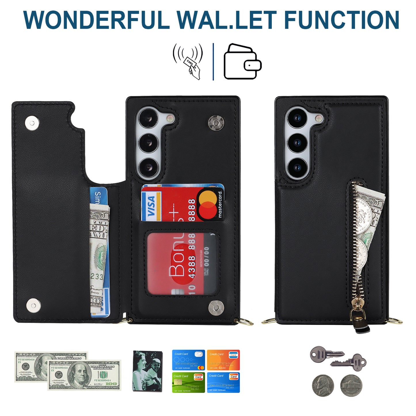 For Samsung Galaxy S24 Case Zipper Pocket RFID Blocking Cover with Shoulder Strap - Black