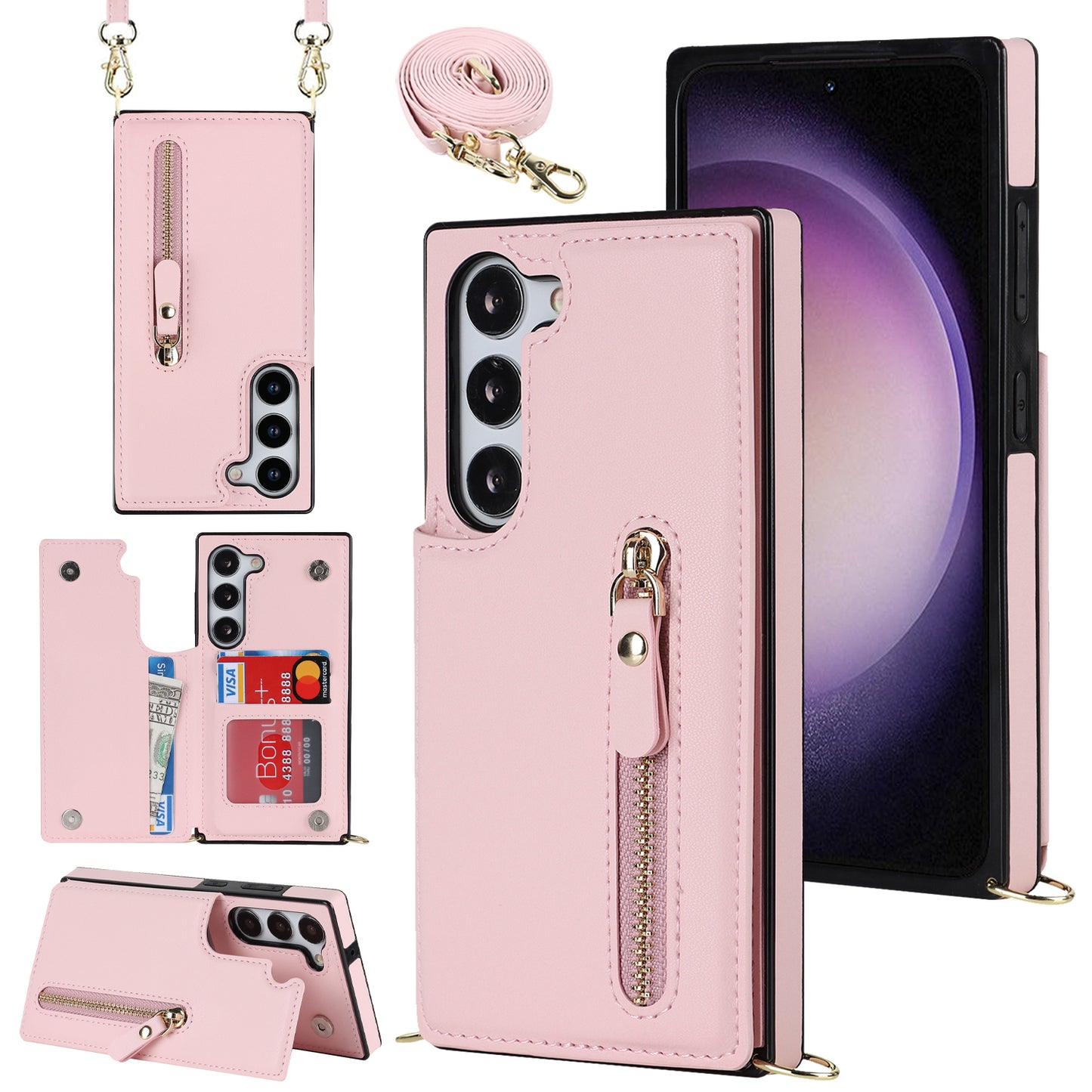 For Samsung Galaxy S24 Case Zipper Pocket RFID Blocking Cover with Shoulder Strap - Pink