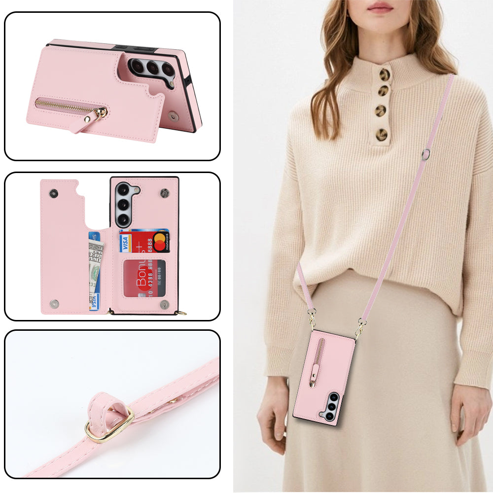 For Samsung Galaxy S24 Case Zipper Pocket RFID Blocking Cover with Shoulder Strap - Pink