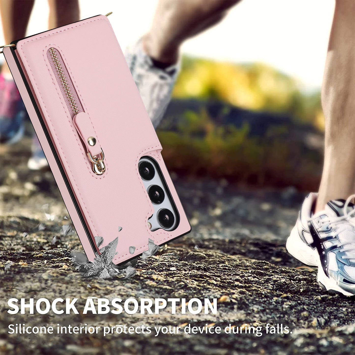 For Samsung Galaxy S24 Case Zipper Pocket RFID Blocking Cover with Shoulder Strap - Pink