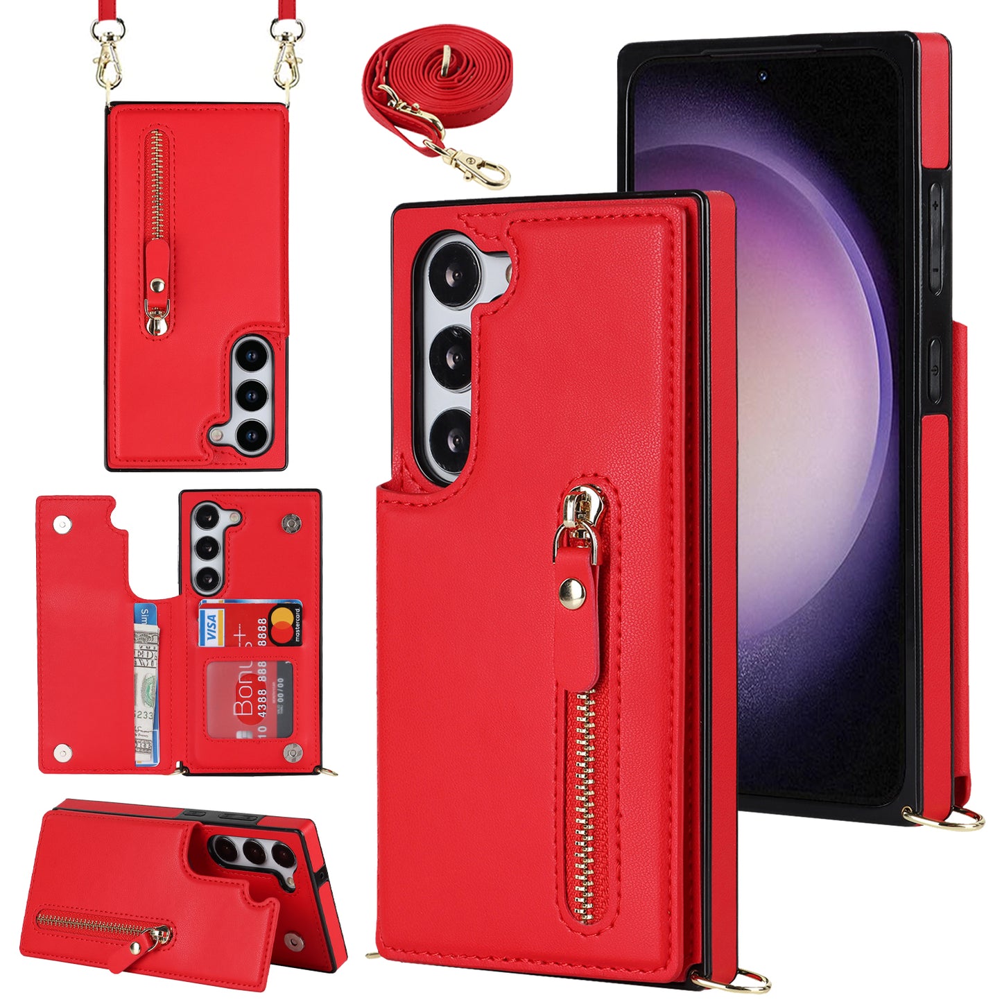 For Samsung Galaxy S24 Case Zipper Pocket RFID Blocking Cover with Shoulder Strap - Red