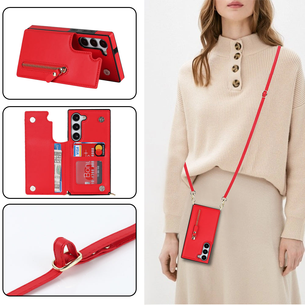 For Samsung Galaxy S24 Case Zipper Pocket RFID Blocking Cover with Shoulder Strap - Red