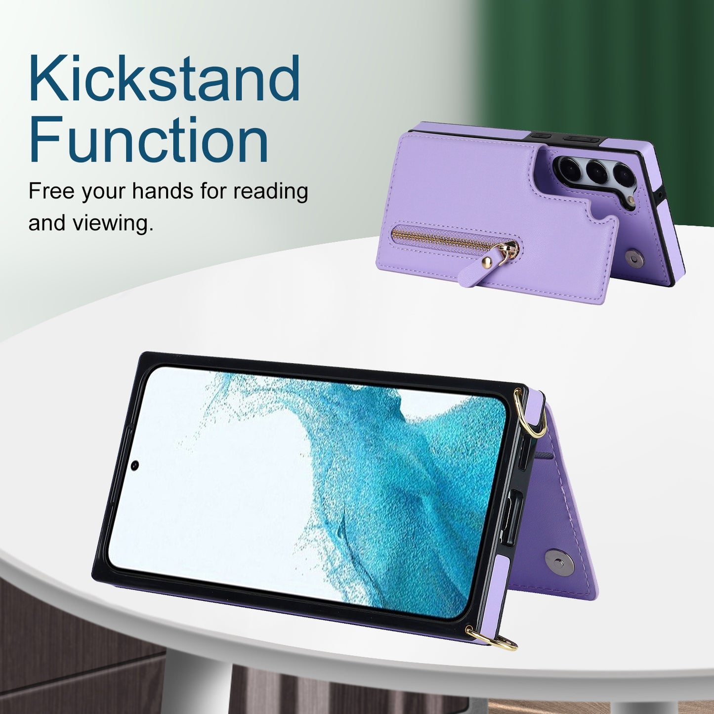 For Samsung Galaxy S24 Case Zipper Pocket RFID Blocking Cover with Shoulder Strap - Purple