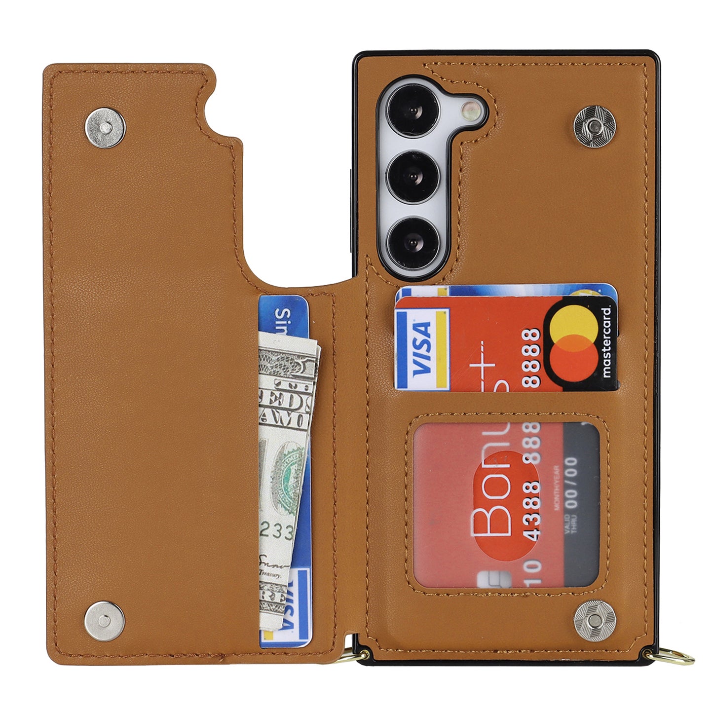 For Samsung Galaxy S24 Case Zipper Pocket RFID Blocking Cover with Shoulder Strap - Brown