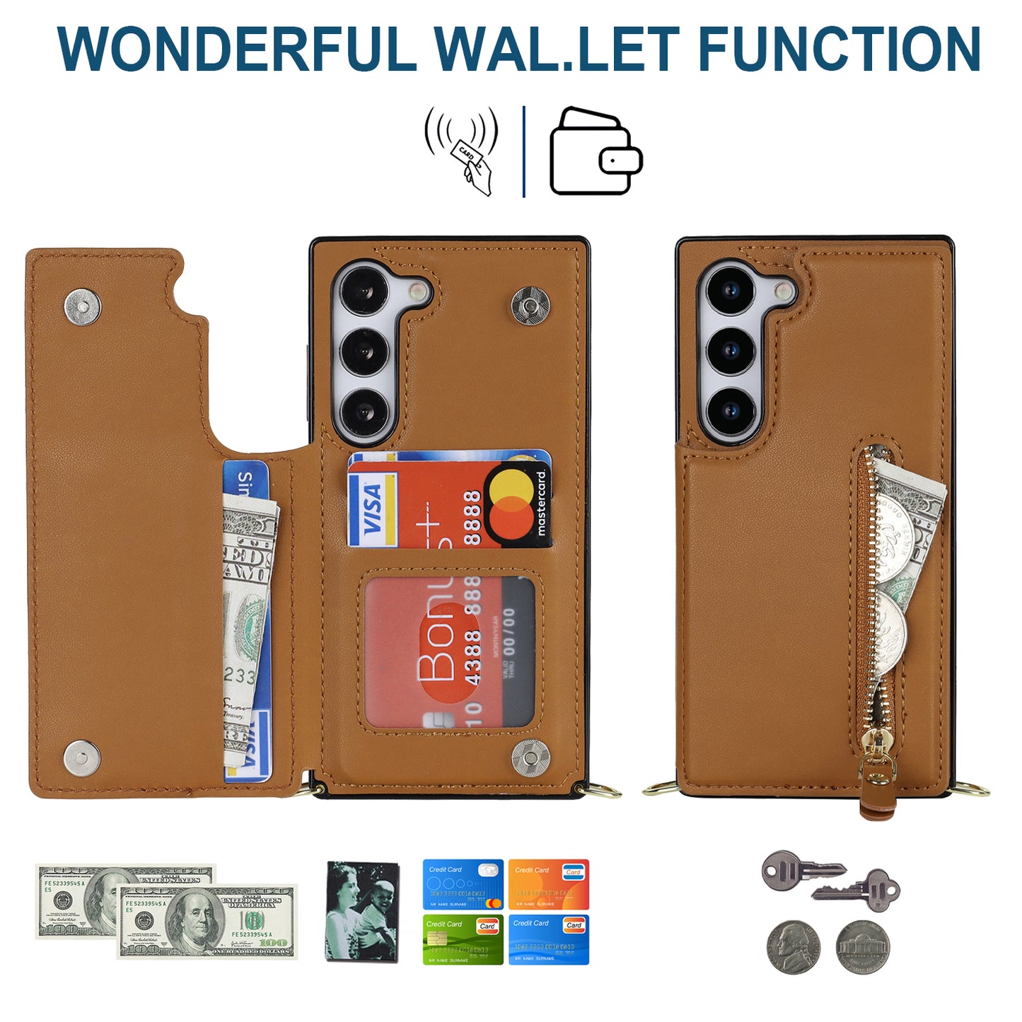For Samsung Galaxy S24 Case Zipper Pocket RFID Blocking Cover with Shoulder Strap - Brown
