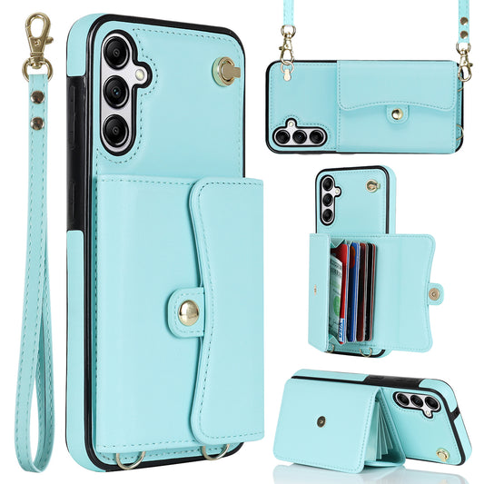 For Samsung Galaxy S24+ Phone Cover Card Slots Kickstand Crossbody Case with Hand Strap - Blue