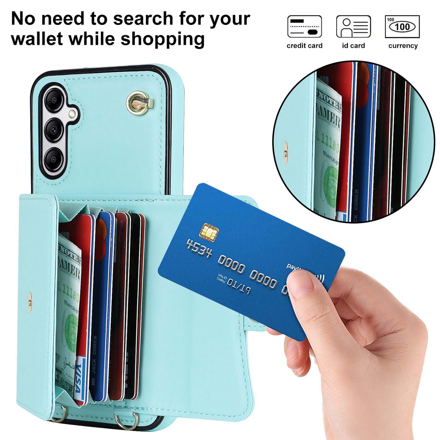 For Samsung Galaxy S24+ Phone Cover Card Slots Kickstand Crossbody Case with Hand Strap - Blue