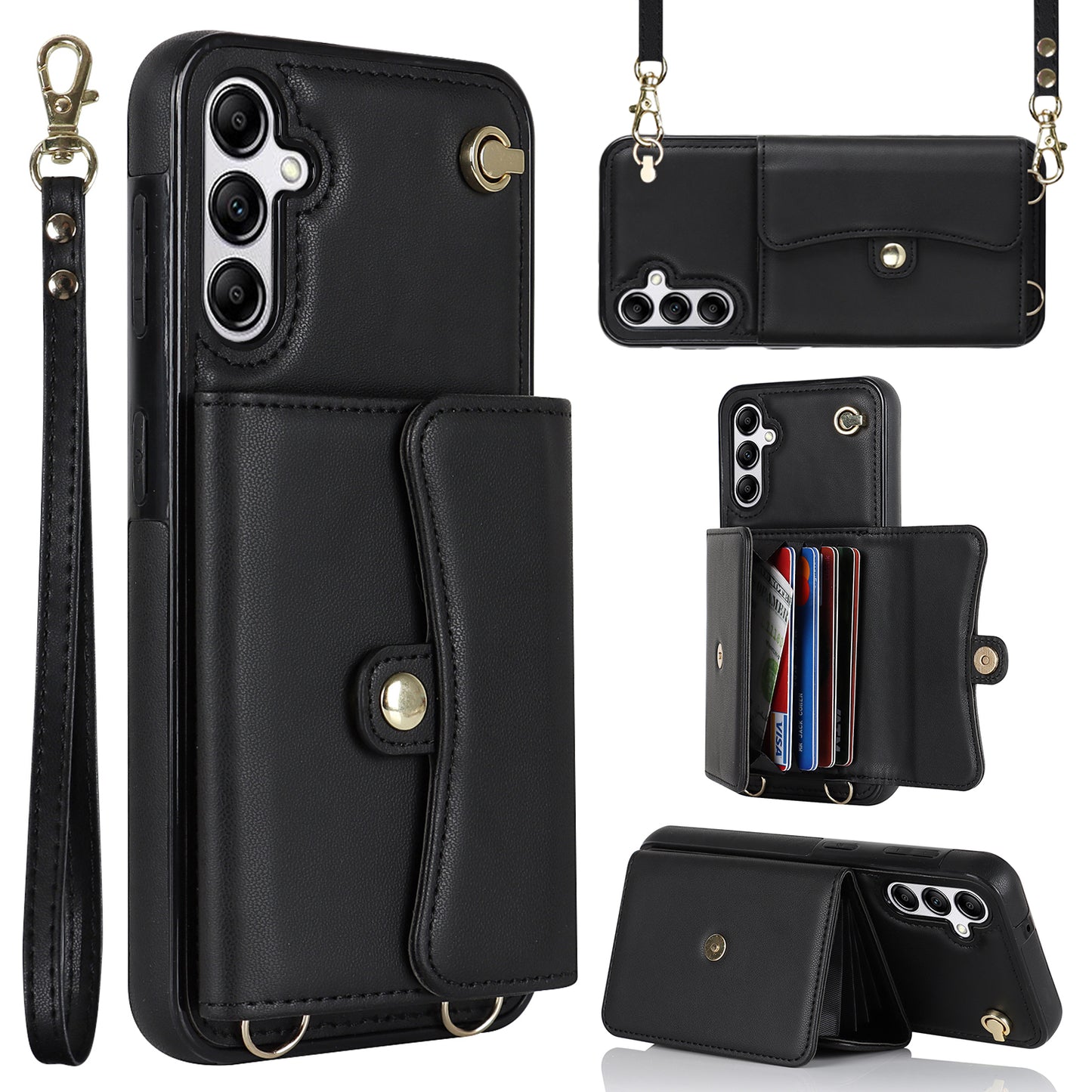 For Samsung Galaxy S24+ Phone Cover Card Slots Kickstand Crossbody Case with Hand Strap - Black