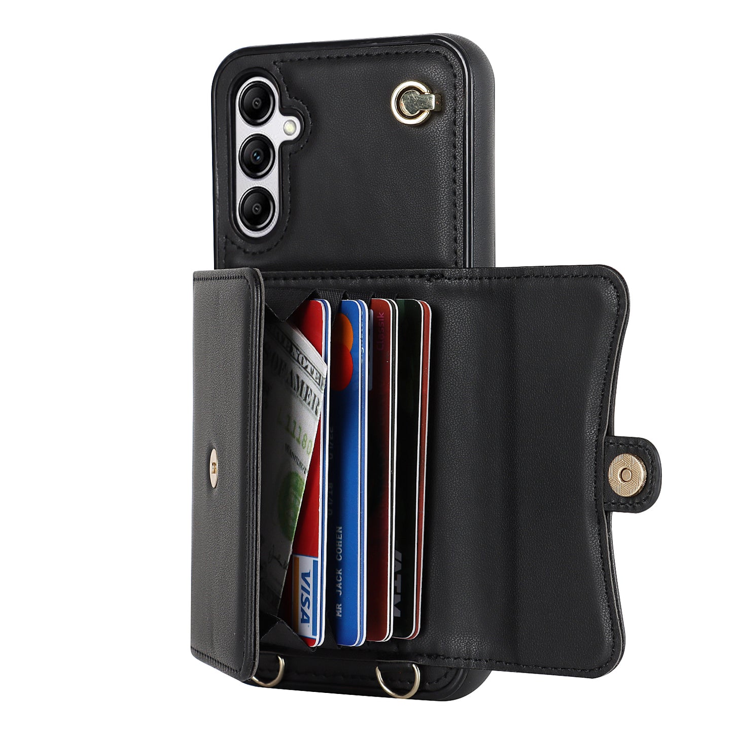 For Samsung Galaxy S24+ Phone Cover Card Slots Kickstand Crossbody Case with Hand Strap - Black