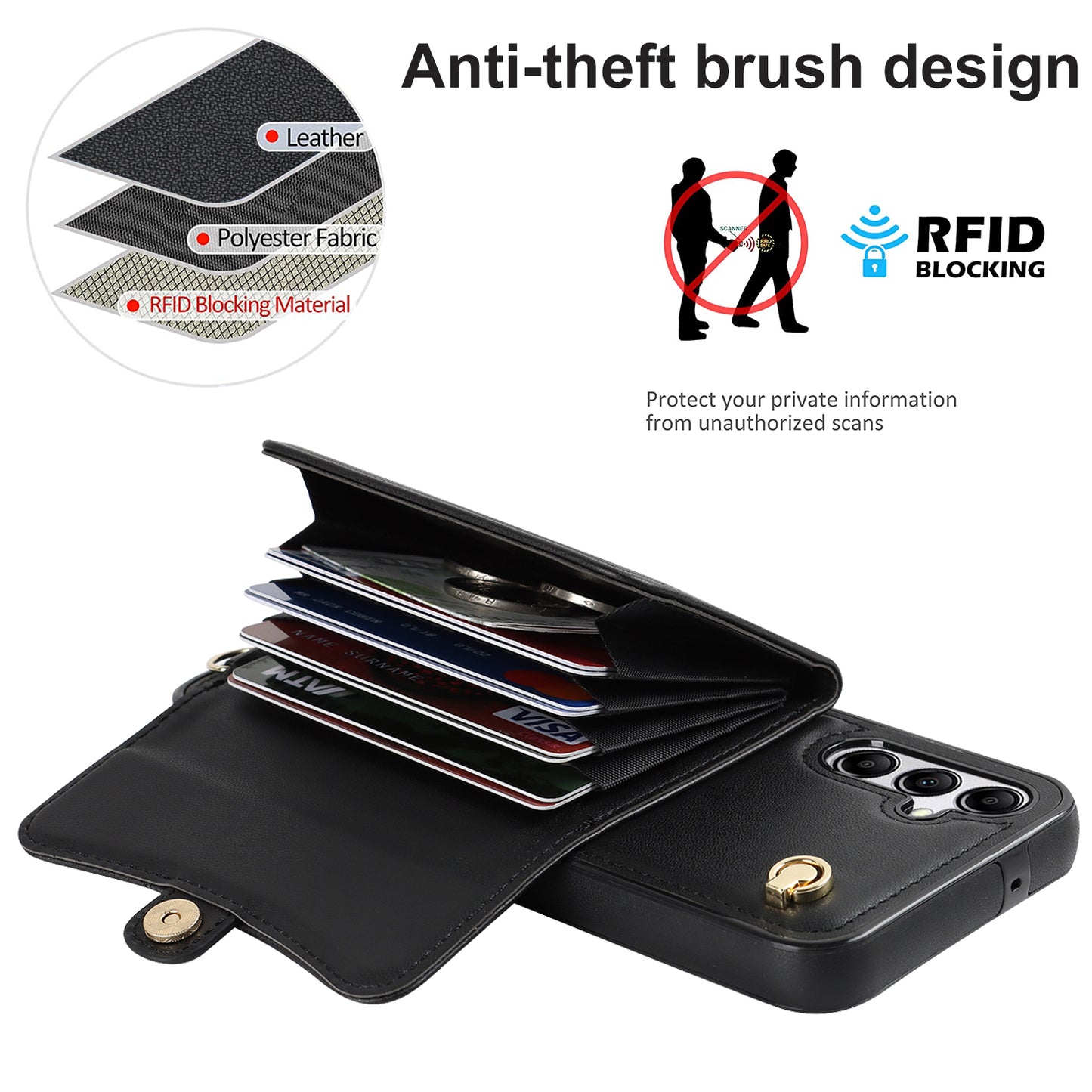 For Samsung Galaxy S24+ Phone Cover Card Slots Kickstand Crossbody Case with Hand Strap - Black