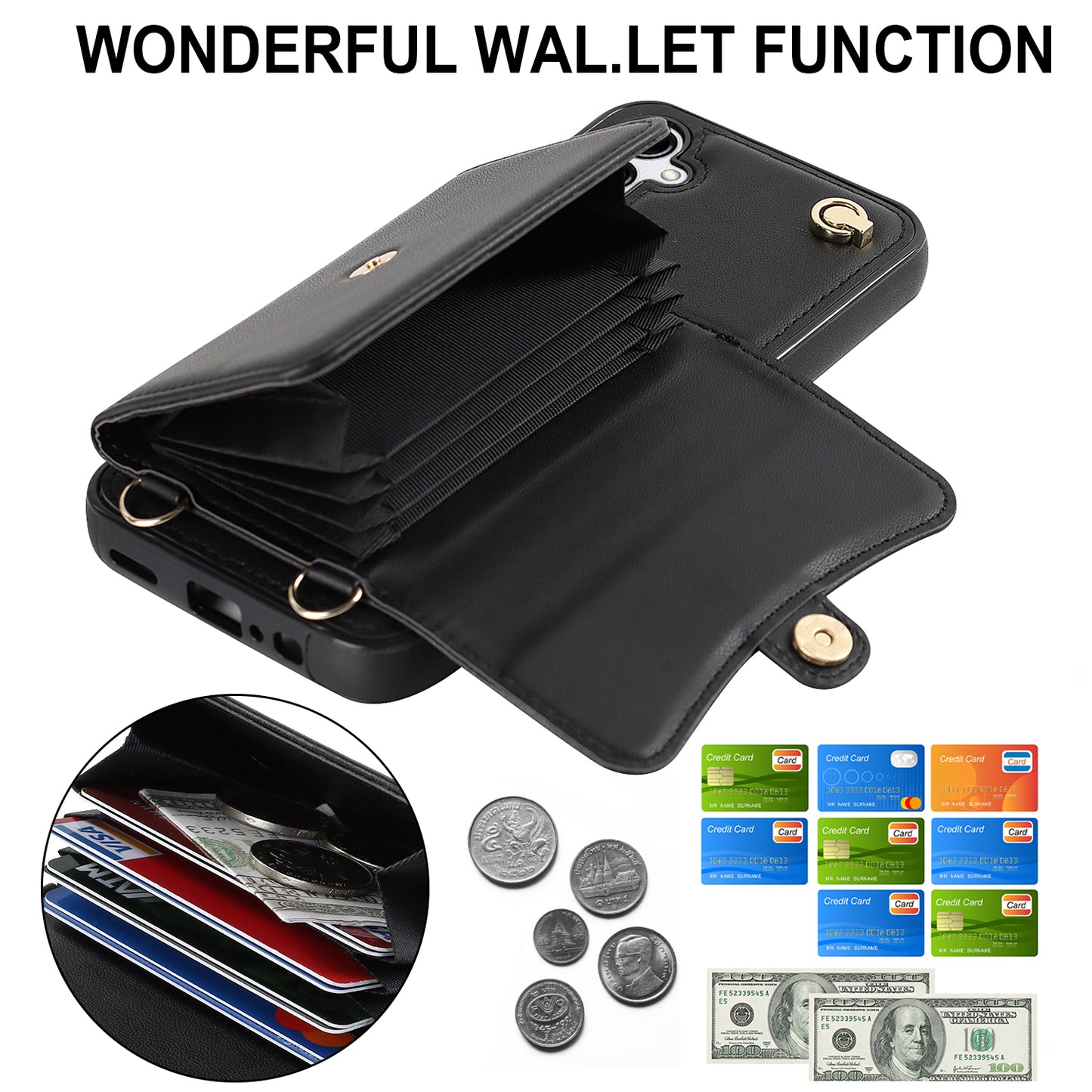 For Samsung Galaxy S24+ Phone Cover Card Slots Kickstand Crossbody Case with Hand Strap - Black