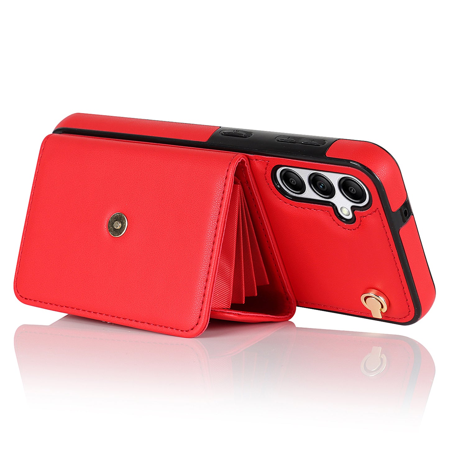 For Samsung Galaxy S24+ Phone Cover Card Slots Kickstand Crossbody Case with Hand Strap - Red