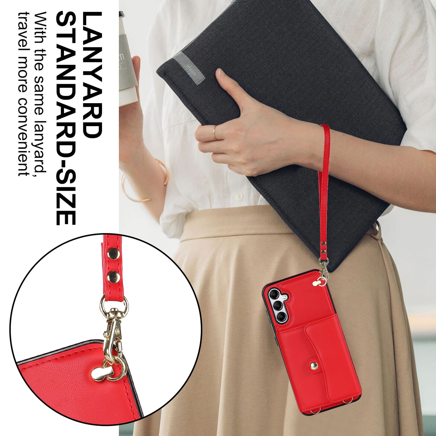 For Samsung Galaxy S24+ Phone Cover Card Slots Kickstand Crossbody Case with Hand Strap - Red