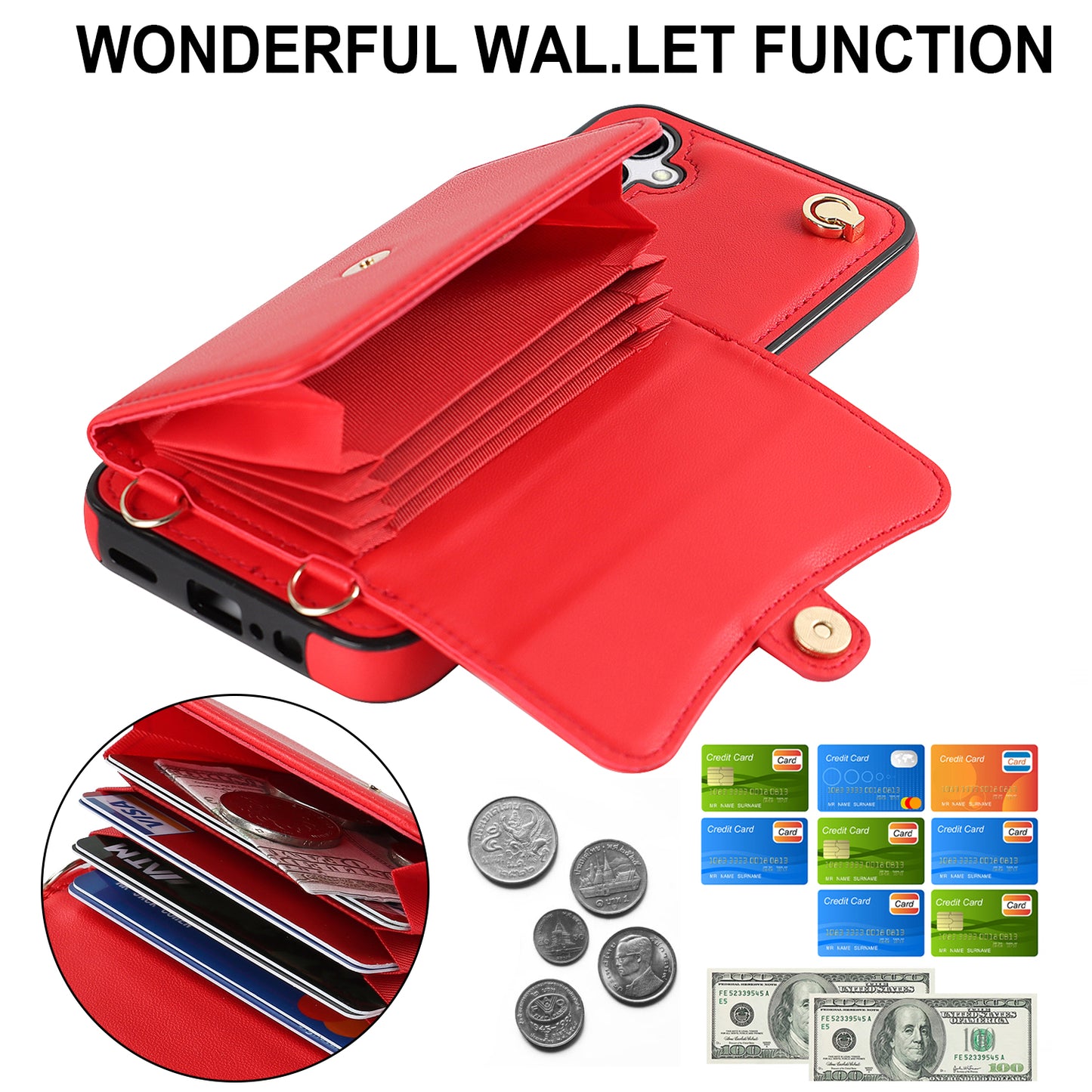 For Samsung Galaxy S24+ Phone Cover Card Slots Kickstand Crossbody Case with Hand Strap - Red