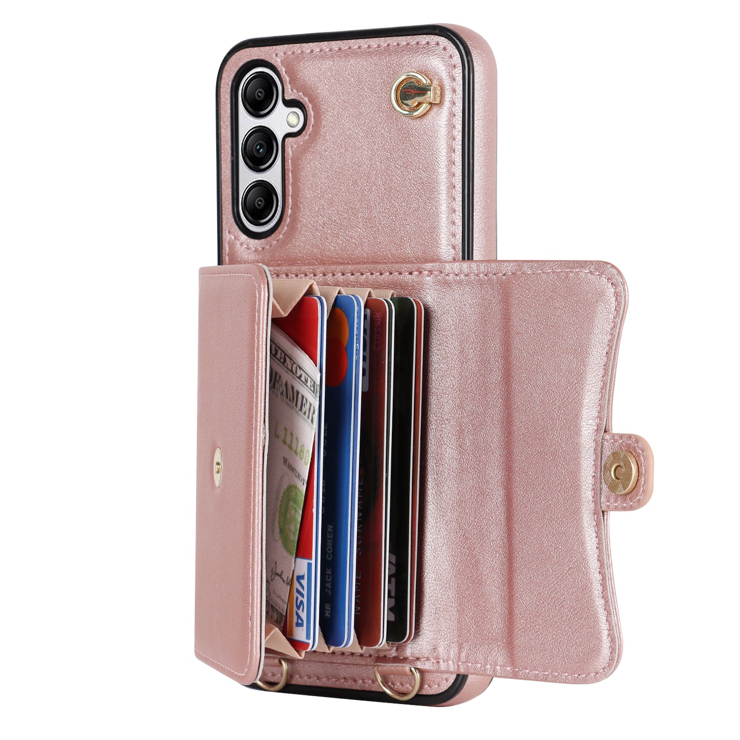 For Samsung Galaxy S24+ Phone Cover Card Slots Kickstand Crossbody Case with Hand Strap - Rose Gold