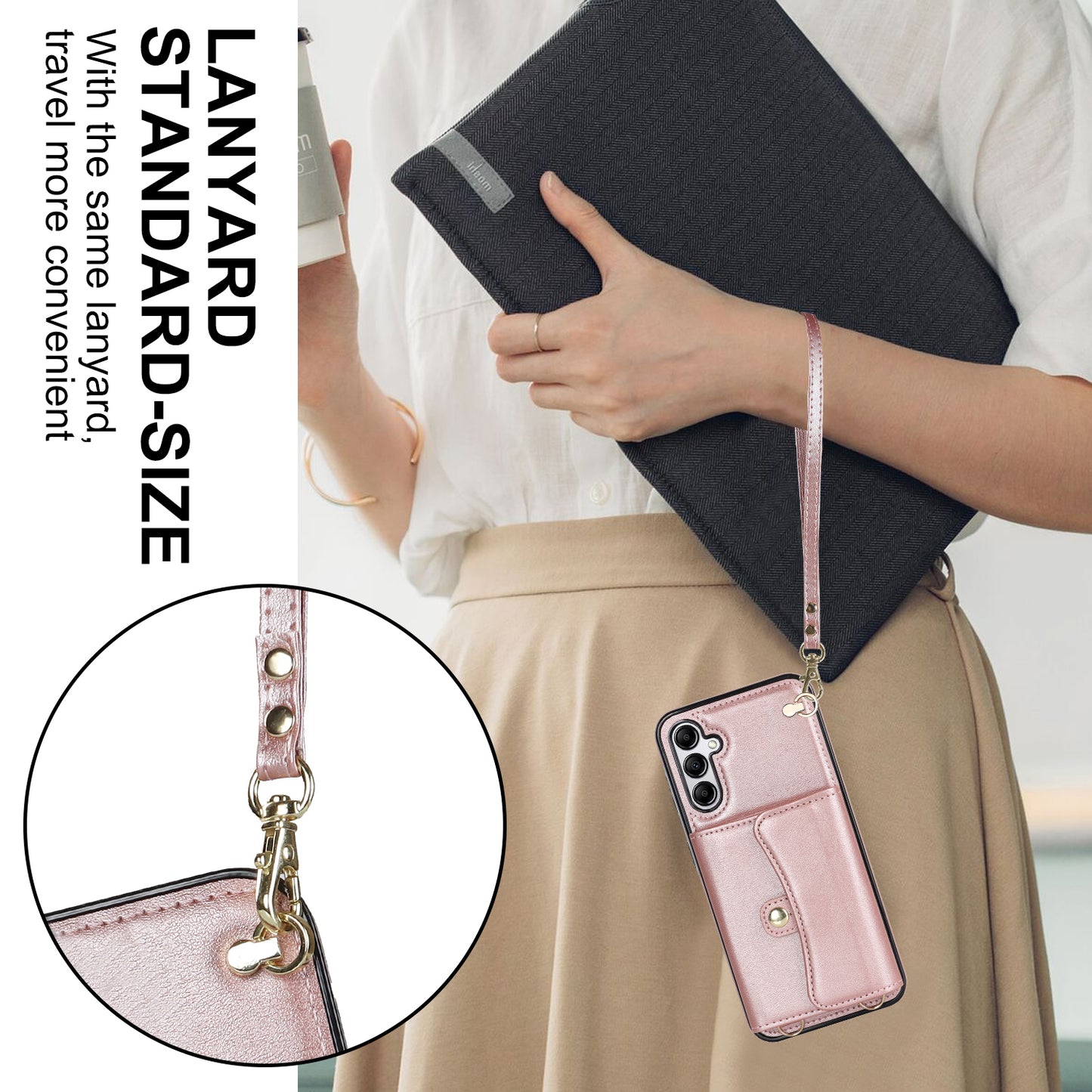 For Samsung Galaxy S24+ Phone Cover Card Slots Kickstand Crossbody Case with Hand Strap - Rose Gold