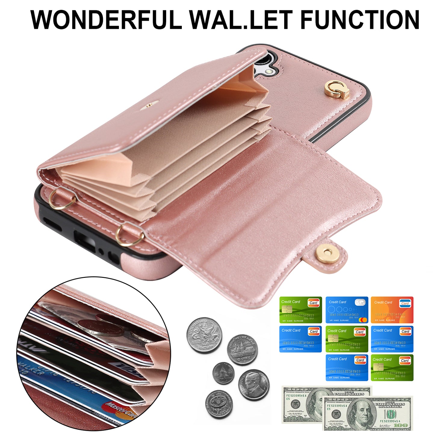 For Samsung Galaxy S24+ Phone Cover Card Slots Kickstand Crossbody Case with Hand Strap - Rose Gold