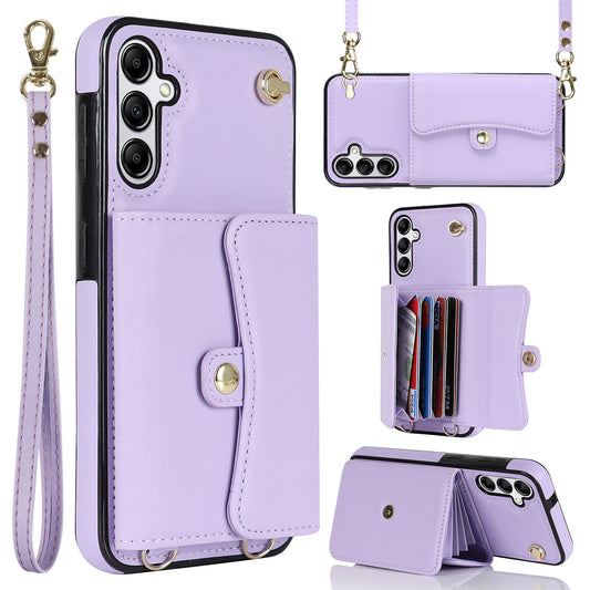 For Samsung Galaxy S24+ Phone Cover Card Slots Kickstand Crossbody Case with Hand Strap - Purple