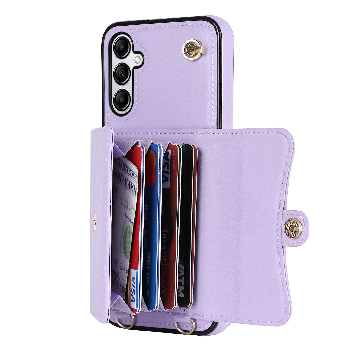 For Samsung Galaxy S24+ Phone Cover Card Slots Kickstand Crossbody Case with Hand Strap - Purple