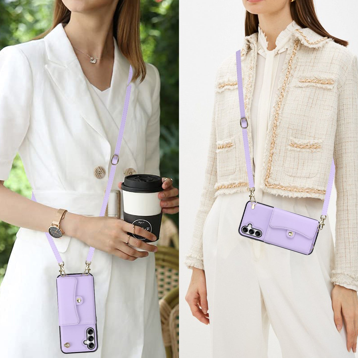 For Samsung Galaxy S24+ Phone Cover Card Slots Kickstand Crossbody Case with Hand Strap - Purple