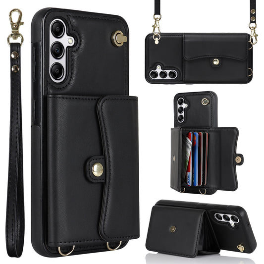 For Samsung Galaxy S24 Card Slots Phone Case Kickstand Crossbody Phone Cover - Black