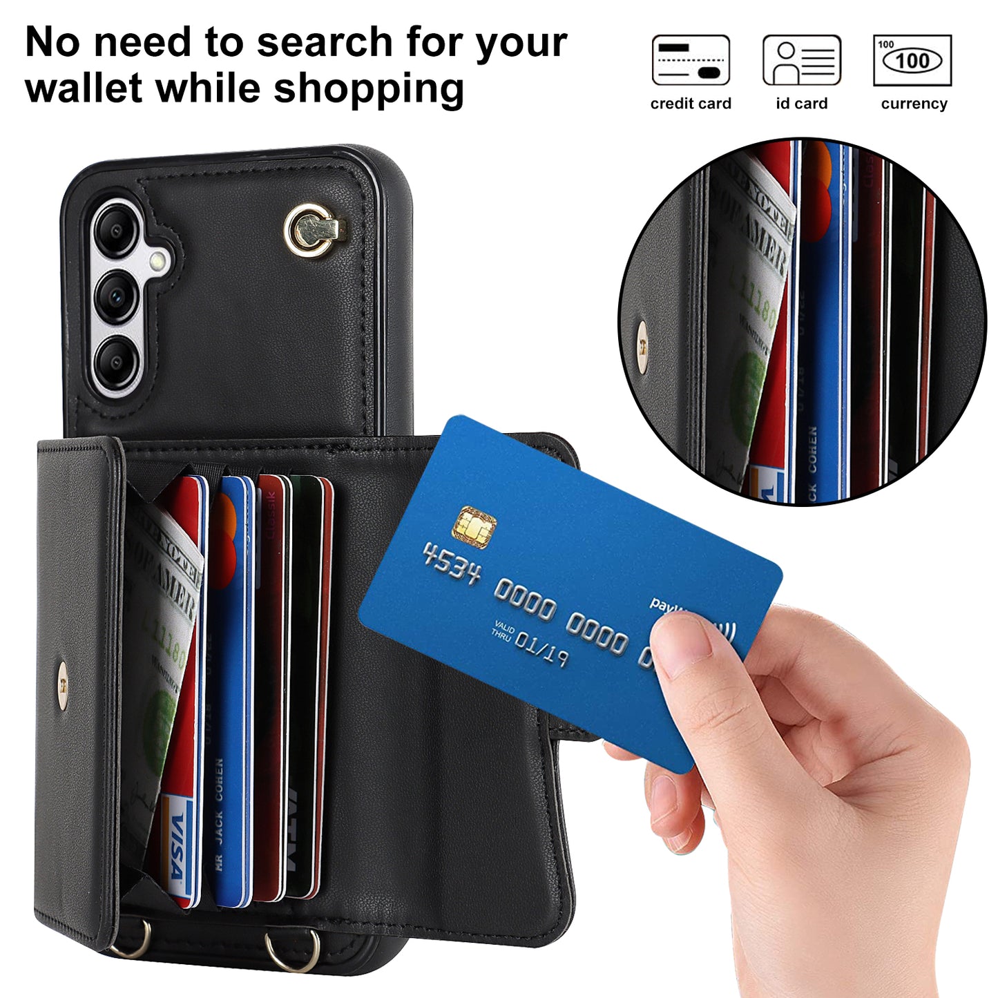 For Samsung Galaxy S24 Card Slots Phone Case Kickstand Crossbody Phone Cover - Black