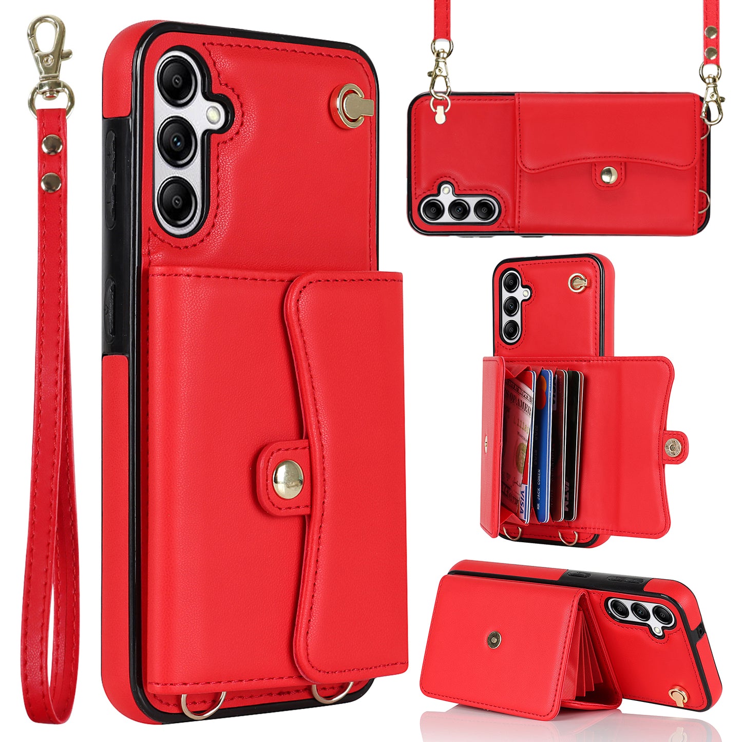For Samsung Galaxy S24 Card Slots Phone Case Kickstand Crossbody Phone Cover - Red