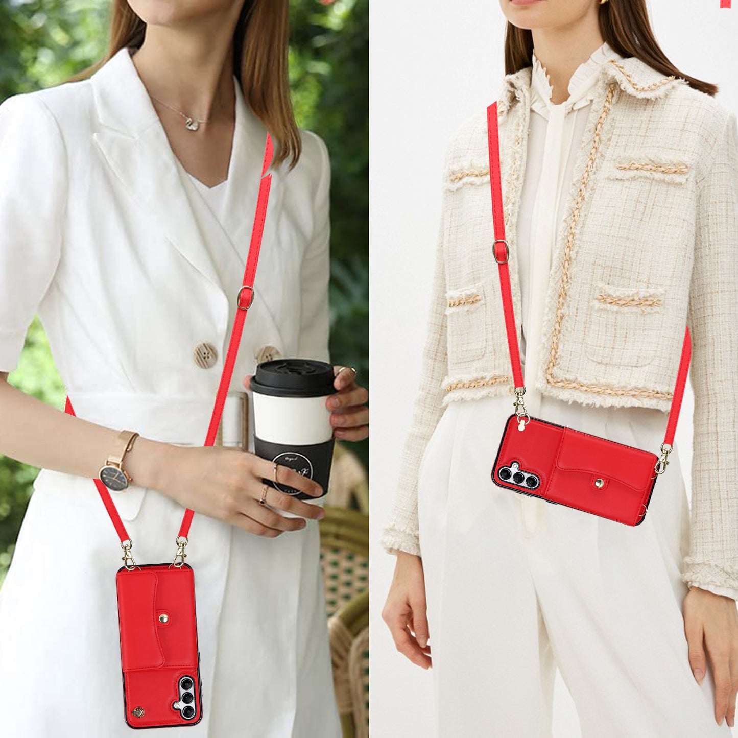 For Samsung Galaxy S24 Card Slots Phone Case Kickstand Crossbody Phone Cover - Red