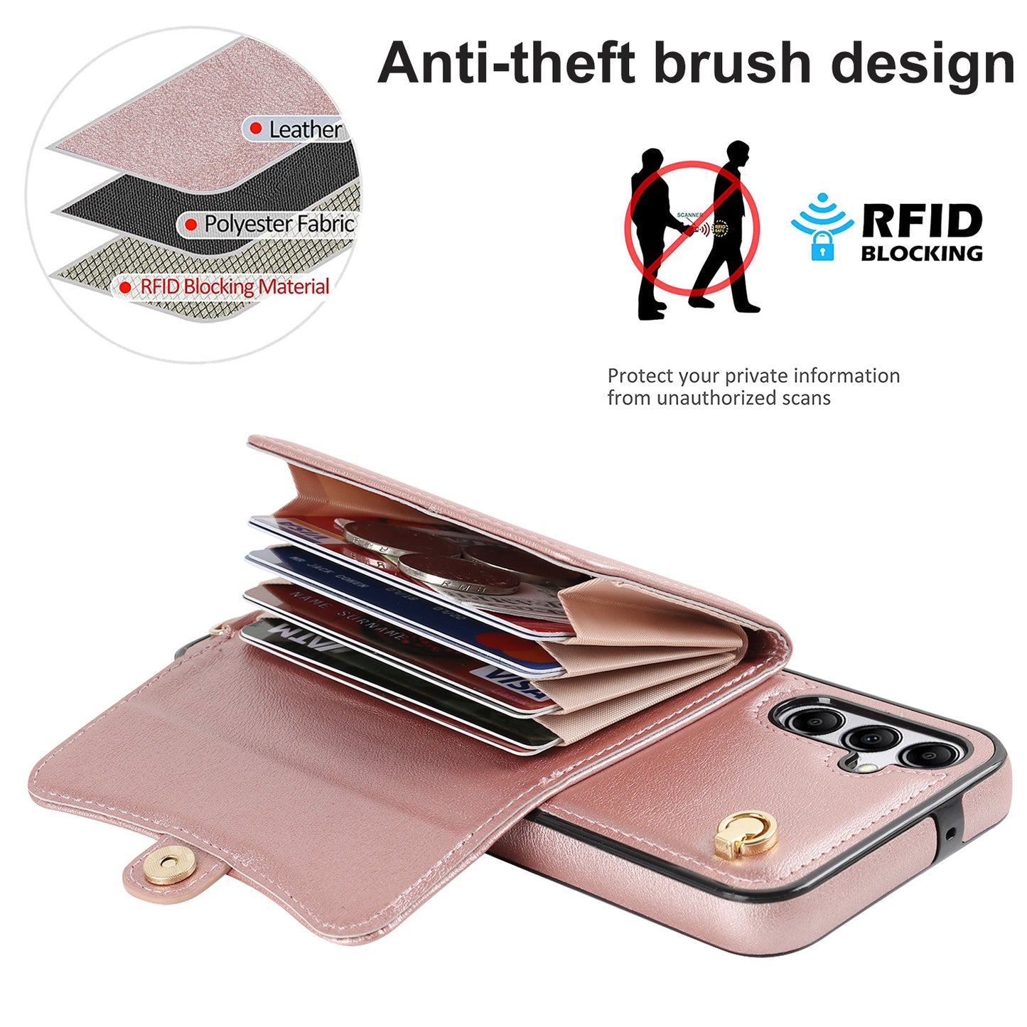 For Samsung Galaxy S24 Card Slots Phone Case Kickstand Crossbody Phone Cover - Rose Gold