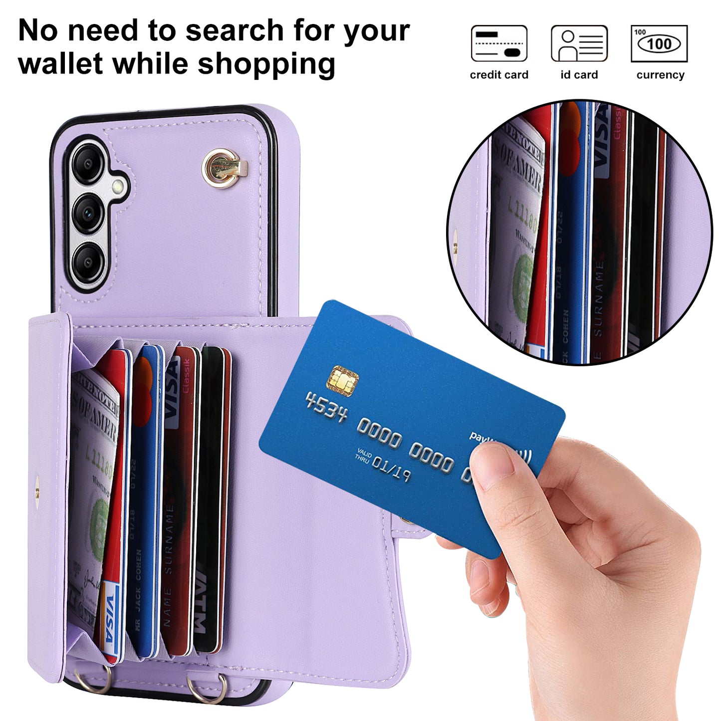 For Samsung Galaxy S24 Card Slots Phone Case Kickstand Crossbody Phone Cover - Purple