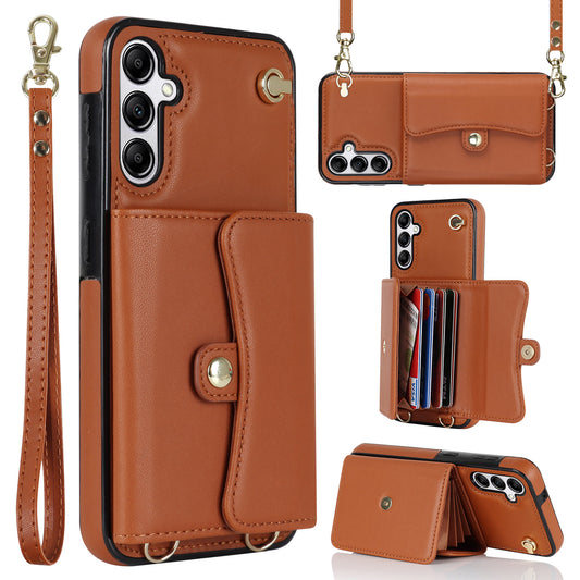 For Samsung Galaxy S24 Card Slots Phone Case Kickstand Crossbody Phone Cover - Brown