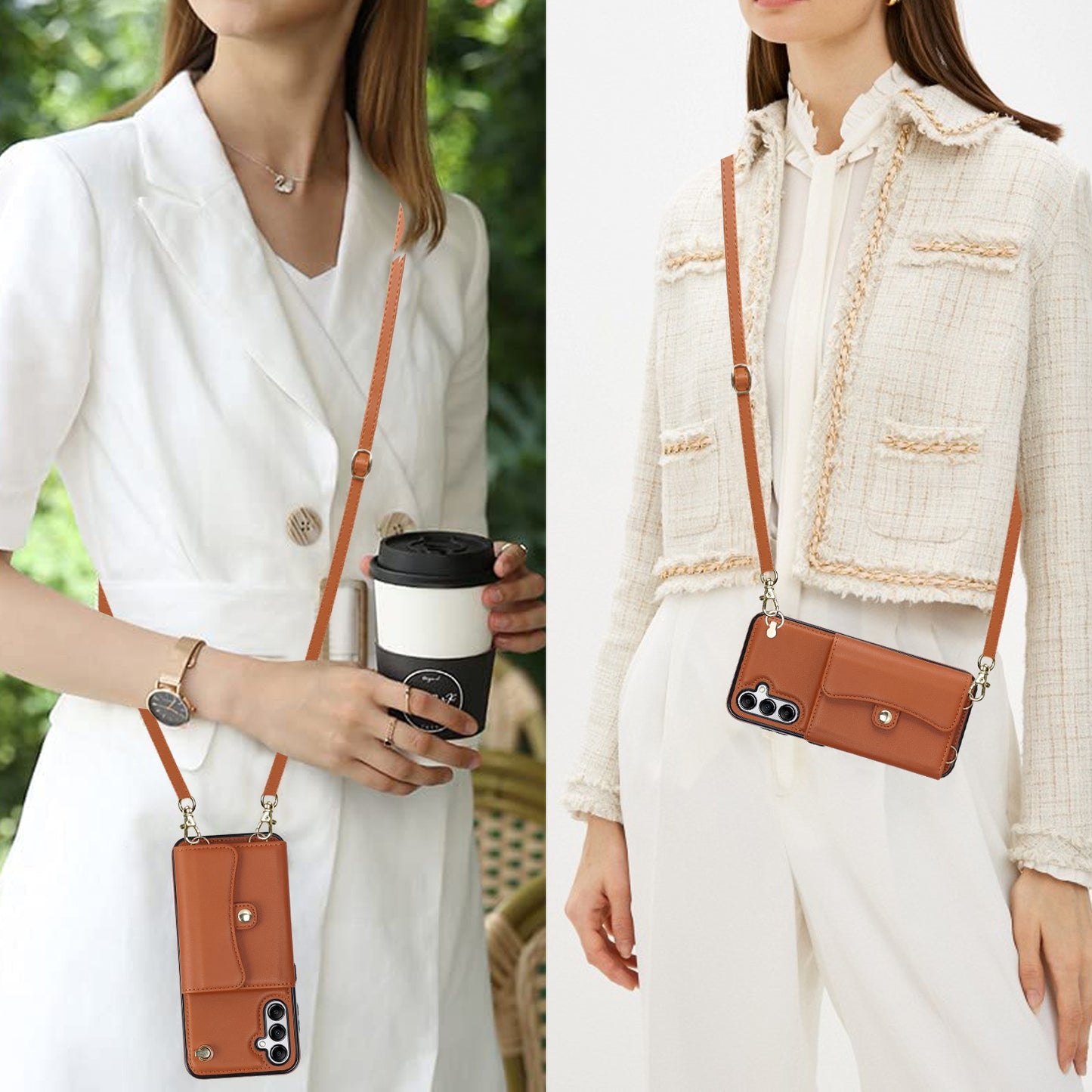 For Samsung Galaxy S24 Card Slots Phone Case Kickstand Crossbody Phone Cover - Brown