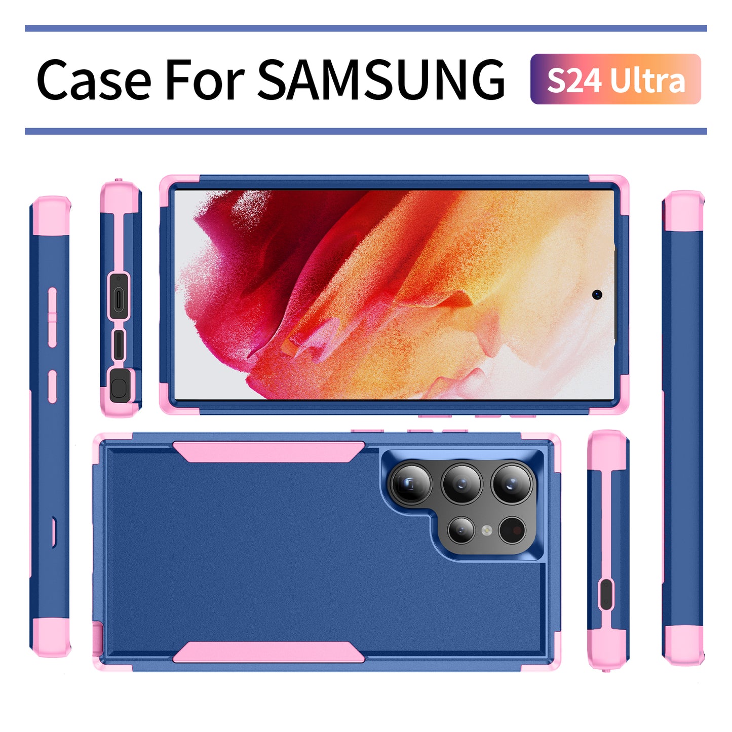 Commuter Series For Samsung Galaxy S24 Ultra Cell Phone Case TPU+PC Back Shell - Sapphire  /  Pink