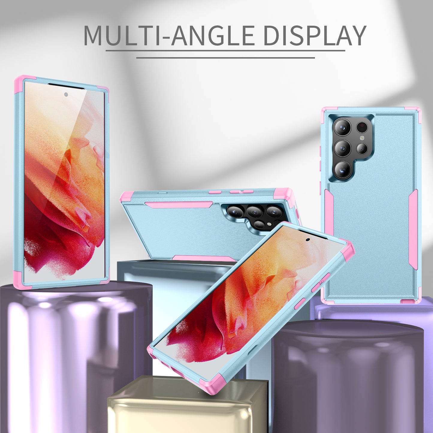 Commuter Series For Samsung Galaxy S24 Ultra Cell Phone Case TPU+PC Back Shell - Grey Green  /  Pink