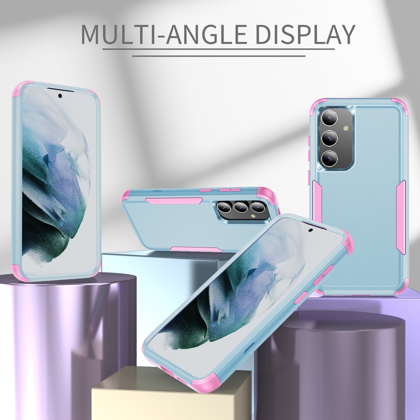 Commuter Series For Samsung Galaxy S24+ Back Case 3-in-1 Shockproof TPU+PC Phone Cover - Grey Green  /  Pink