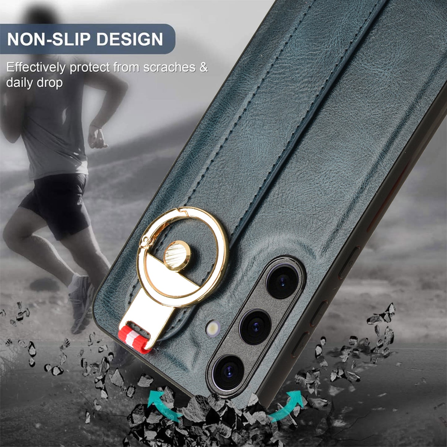 For 	Samsung Galaxy S24+ Case PU Leather+PC+TPU Wristband Kickstand Phone Cover - Blue