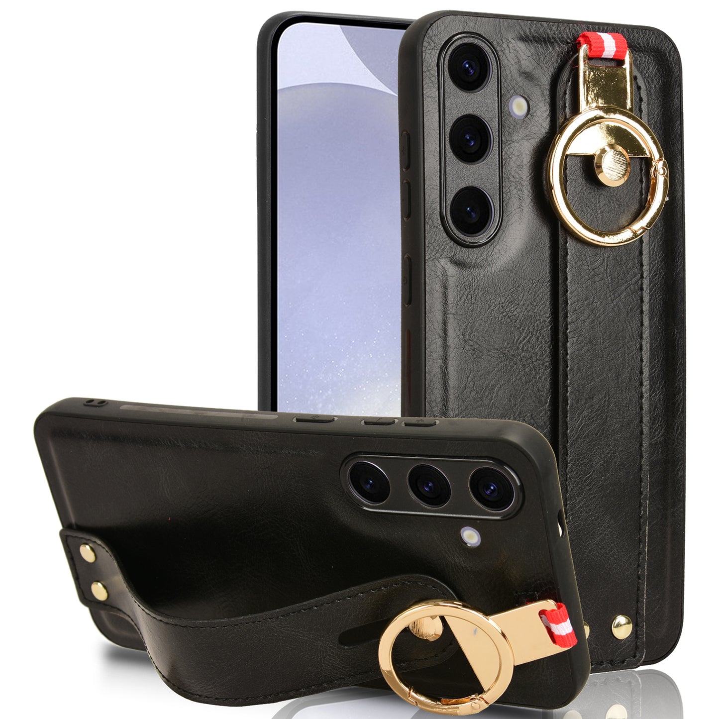 For 	Samsung Galaxy S24+ Case PU Leather+PC+TPU Wristband Kickstand Phone Cover - Black