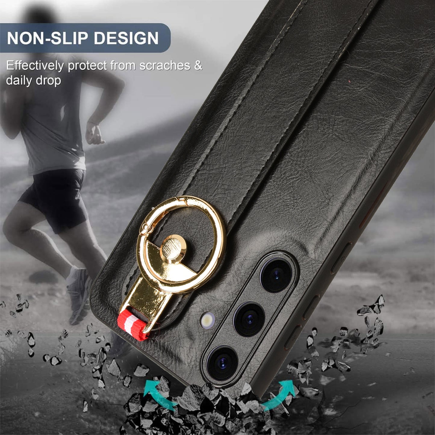 For 	Samsung Galaxy S24+ Case PU Leather+PC+TPU Wristband Kickstand Phone Cover - Black
