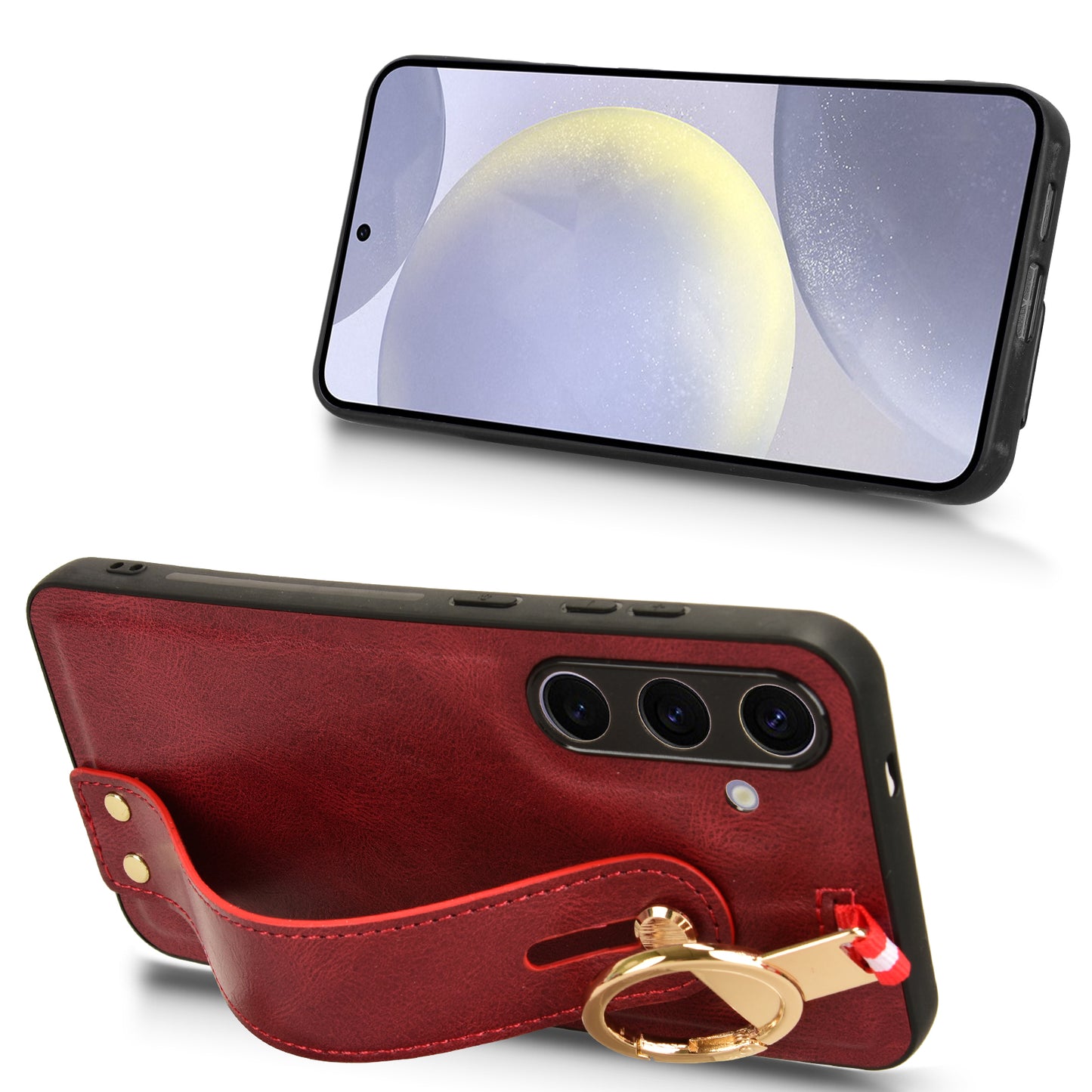 For 	Samsung Galaxy S24+ Case PU Leather+PC+TPU Wristband Kickstand Phone Cover - Red