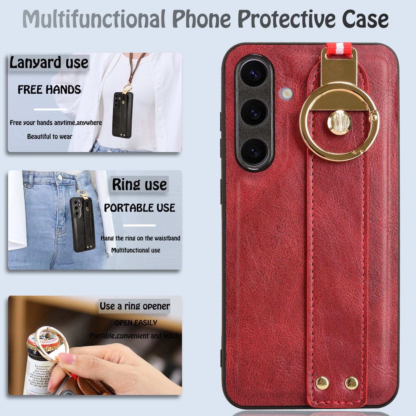 For 	Samsung Galaxy S24+ Case PU Leather+PC+TPU Wristband Kickstand Phone Cover - Red