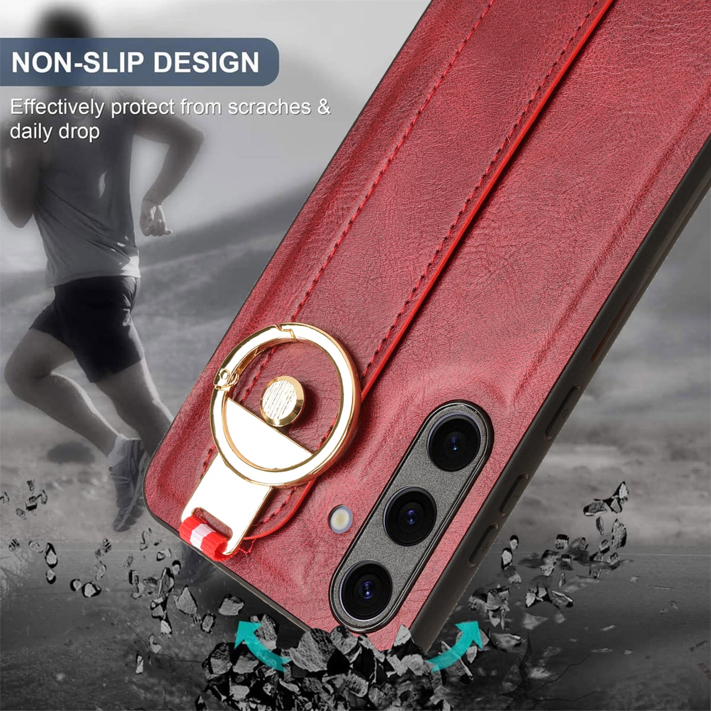 For 	Samsung Galaxy S24+ Case PU Leather+PC+TPU Wristband Kickstand Phone Cover - Red