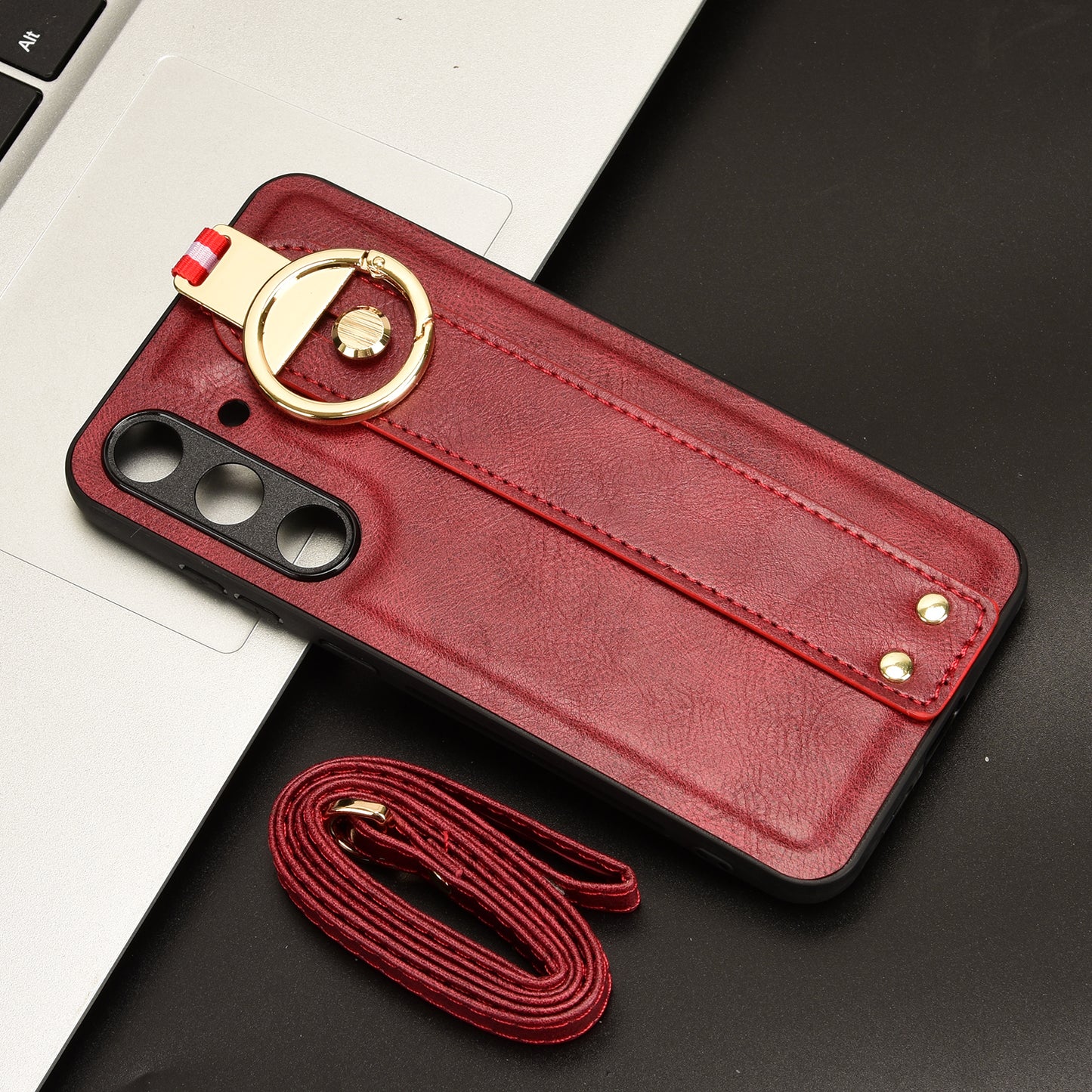 For 	Samsung Galaxy S24+ Case PU Leather+PC+TPU Wristband Kickstand Phone Cover - Red