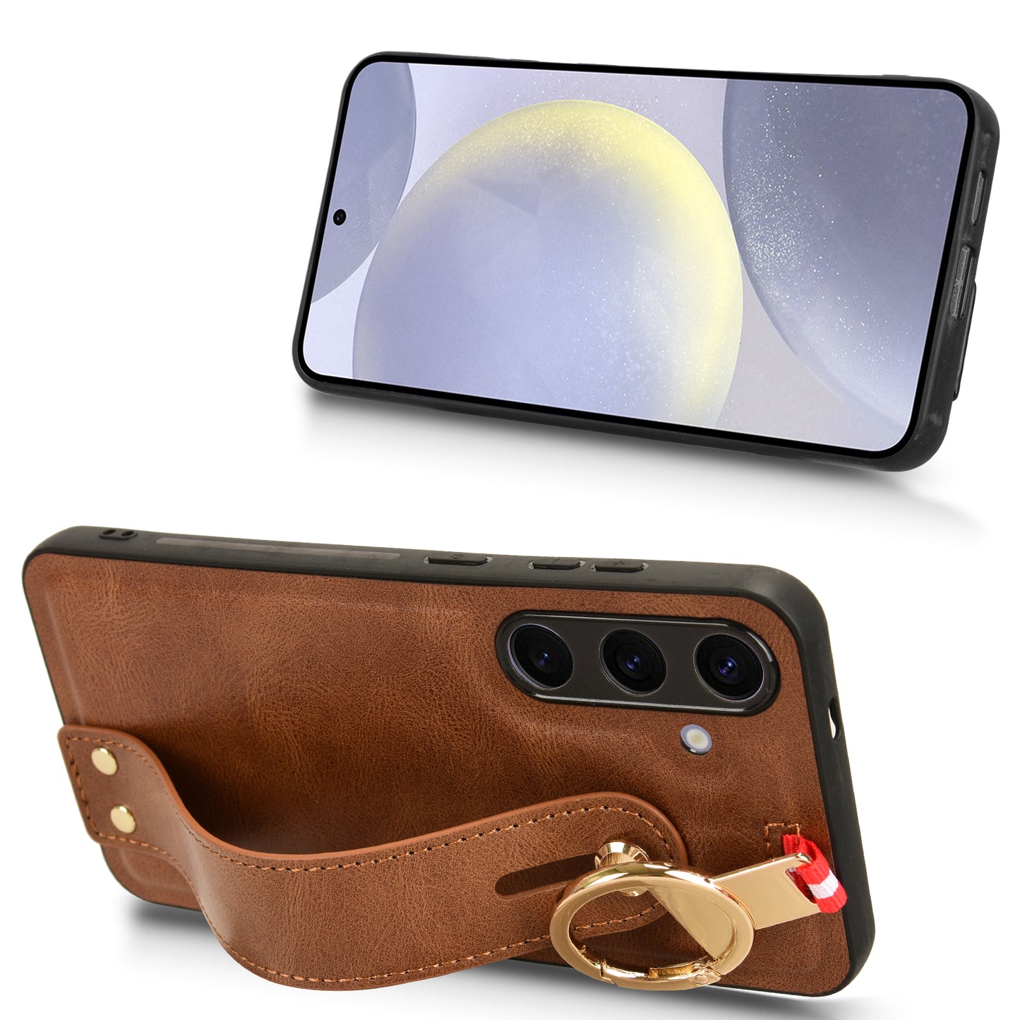 For 	Samsung Galaxy S24+ Case PU Leather+PC+TPU Wristband Kickstand Phone Cover - Brown
