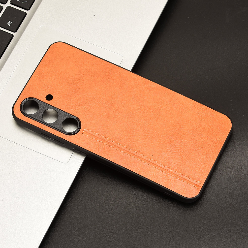 For Samsung Galaxy S24 Case Cowhide Texture Stitching Line Phone Protector - Orange